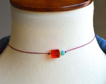 Handmade Minimalist Choker: Red Glass Bead, Turquoise Accent, Boho Layering Necklace