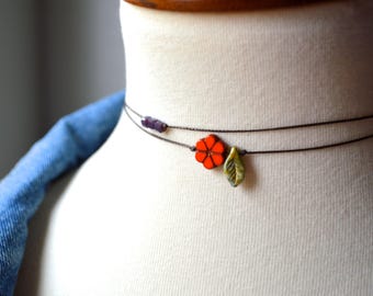Handmade Floral Choker Necklace: Czech Glass Leaf, Dainty Boho Layering