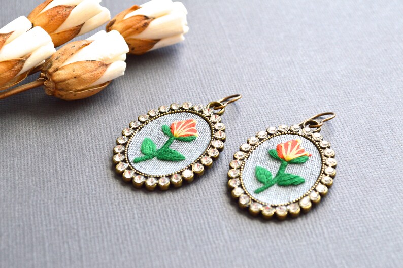 Floral embroidery design earrings, floral earrings, rhinestone earrings, floral jewelry, gift for her image 4