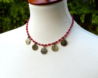 Red Glass Bead Charm Necklace: Boho Coin Choker, 16"