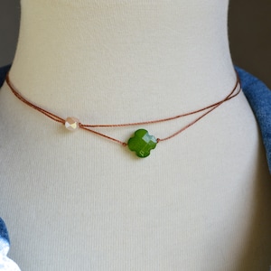 Beaded String Choker: Green Glass, Boho Cord Necklace