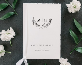 Minimal Monogram Vow Books with Leaf Motif Bride and Groom Wedding Day Card