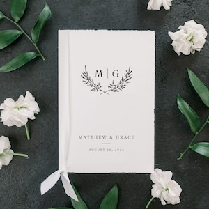 Minimal Monogram Vow Books with Leaf Motif Bride and Groom Wedding Day Card