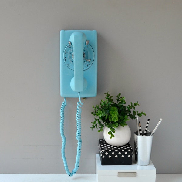 Rotary wall phone in sky blue; working rotary telephone; rotary phone; wall telephone; blue phone; retro phone