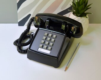 Black touch tone telephone restored and working, black retro phone