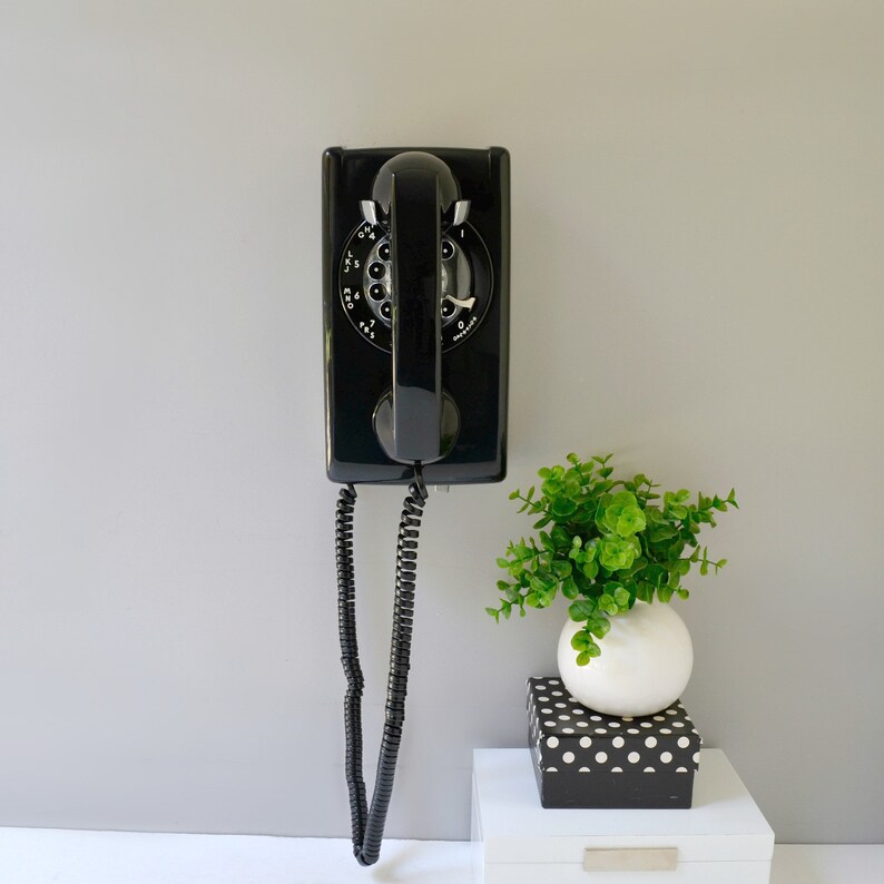 Rotary Wall Phone Working Black Dial Telephone Mount Retro Vintage