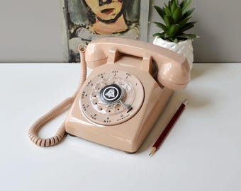 Buff beige rotary dial desk phone, restored and working