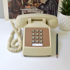 Beige push button desk phone, restored and working touch tone telephone image 2