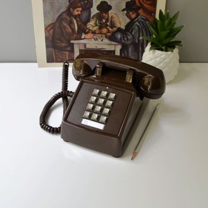 Brown push button desk phone, restored and working retro touch tone telephone