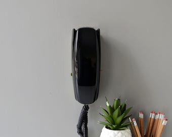 Retro rotary dial trimline wall phone in black, restored and working