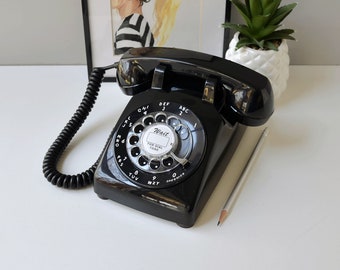 Black rotary phone restored and working, retro desk phone in black