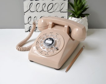 Buff beige rotary dial desk phone, restored and working