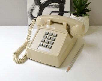 Neutral push button desk phone, restored and working touch tone telephone