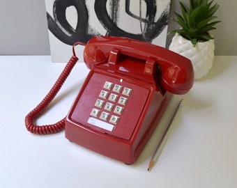 Red push button desk phone, restored and working touch tone telephone