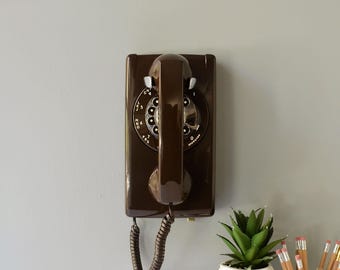 Brown rotary dial wall mount phone restored and working