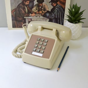 Beige push button desk phone, restored and working touch tone telephone image 1