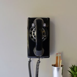 Rotary wall phone restored and working, black wall mount retro telephone image 1