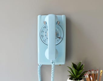 Blue rotary dial wall phone restored and working