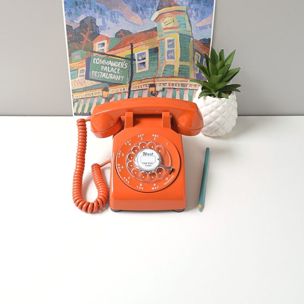 Vintage rotary phone, working rotary dial phone in orange, orange retro phone, 1970's rotary dial desk phone in orange, restored phone, 1346