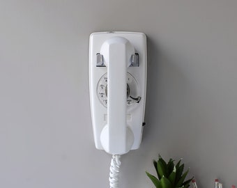 White rotary dial wall phone, restored and working