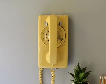 Rotary wall phone restored and working, yellow rotary dial vintage wall telephone