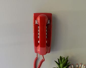 Retro touch tone wall phone in red, restored and working