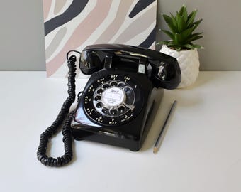 Restored Black Rotary Desk Phone, Retro Functional Landline Appliance