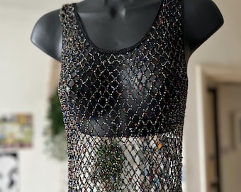 Jaren 90 festival vintage gekleurde mesh mouwloze top met kralen