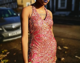 Authentic vintage pure silk gold/silver sequin backless knee length dress