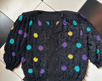 Authentique cardigan/veste en maille texturée à pois mélangés noirs des années 90
