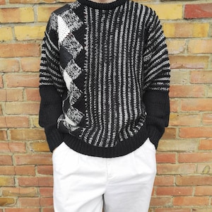 Authentic vintage mens 90s leather /wool diamond sweater