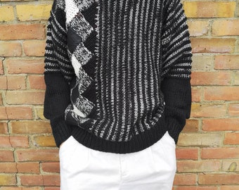 Authentic vintage mens 90s leather /wool diamond sweater
