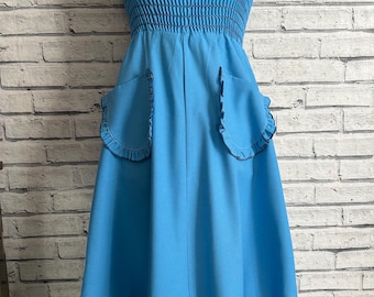 80s blue mix smocked bodice summer festival dress