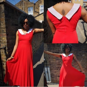 Authentic vintage 90s Red pleated lace collar maxi length Formal Summer dress