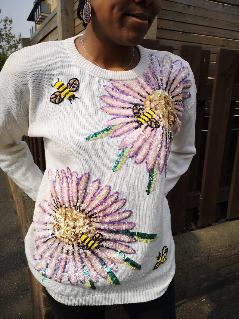 Authentic vintage sequined floral bumble bee beaded cream jumper