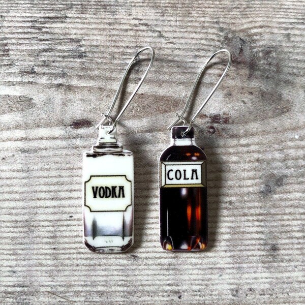 Vodka and cola bottle drop earrings - Quirky gift for her - Secret santa