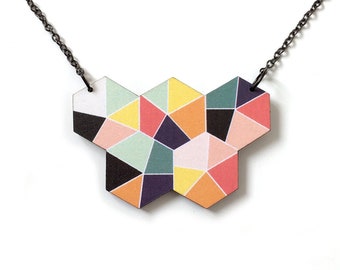 Multicolour geometric hexagon wooden statement necklace - Autumn colours