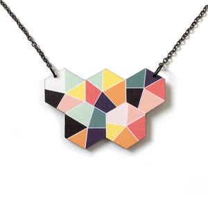 Multicolour geometric hexagon wooden statement necklace - Autumn colours