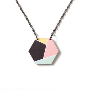 Multicolour geometric hexagon pendant necklace - Laser cut wooden necklace