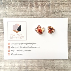 Tea earrings - Stud earrings - Vintage teaset - Teapot earrings - Teacup earrings - Mismatch earrings - Tea lover gift