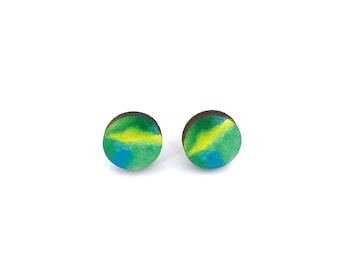 Green circle laser cut wooden stud earrings