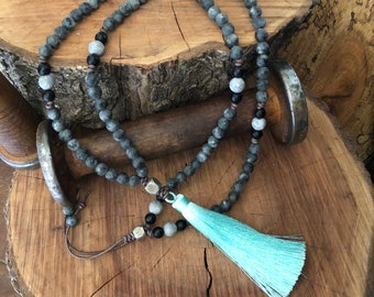 Mala necklace, labradorite mala necklace,beaded tassel necklace,silk tassel necklace,boho mala,meditation necklace,yoga necklace