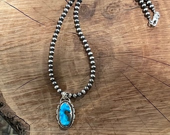 Bezel set Morenci turquoise pendant Navajo Pearl necklace,sterling turquoise pendant,turquoise necklace,southwestern necklace