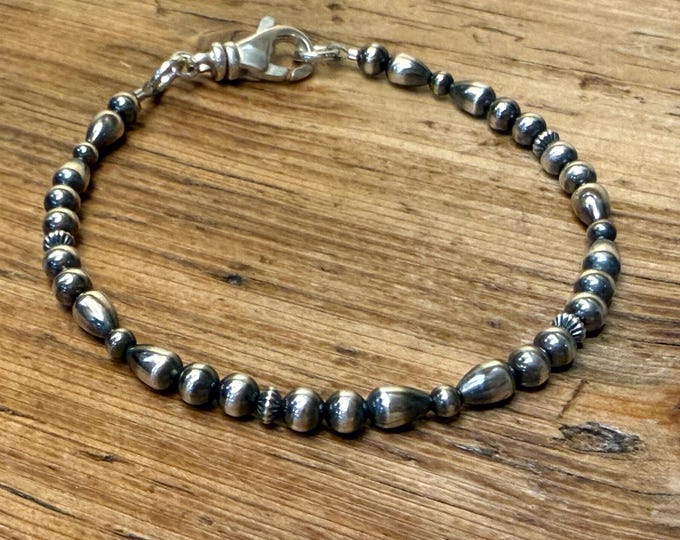 Sterling Silver Navajo Pearl Bracelet,Oxidized Silver Bead Southwestern Stack Bracelet