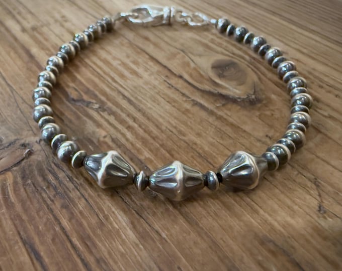 Sterling Silver Navajo Pearl Bracelet,Oxidized Silver Bead Southwestern Stack Bracelet