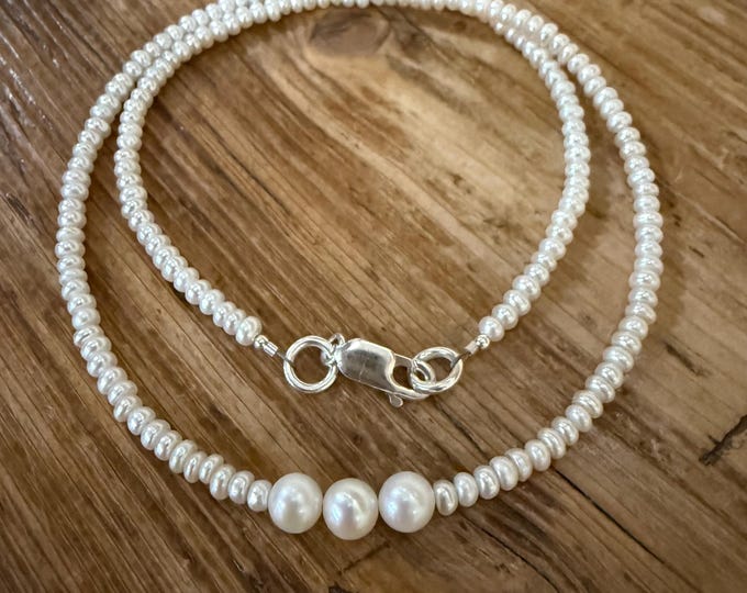 Freshwater Seed Pearl Choker, Sterling Silver Clasp, Bridal Necklace