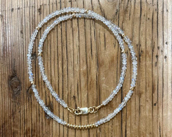 14K Gold Moonstone Beaded Necklace: Gemstone Choker, June Birthstone
