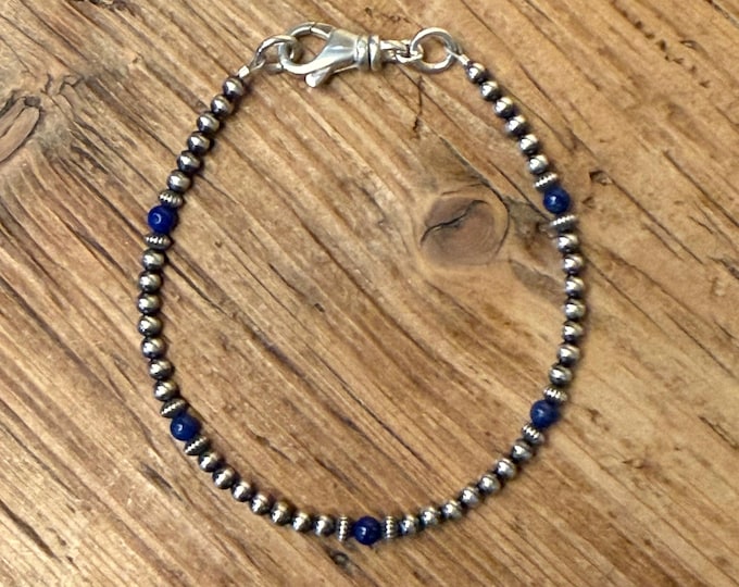 Navajo Pearl Lapis Lazuli Bracelet,Southwestern Sterling Silver Beaded Bracelet