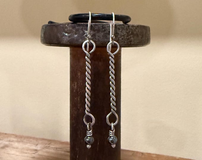 Hand Forged Sterling Silver Hematite Dangle Earrings: Twisted Wire Earrings