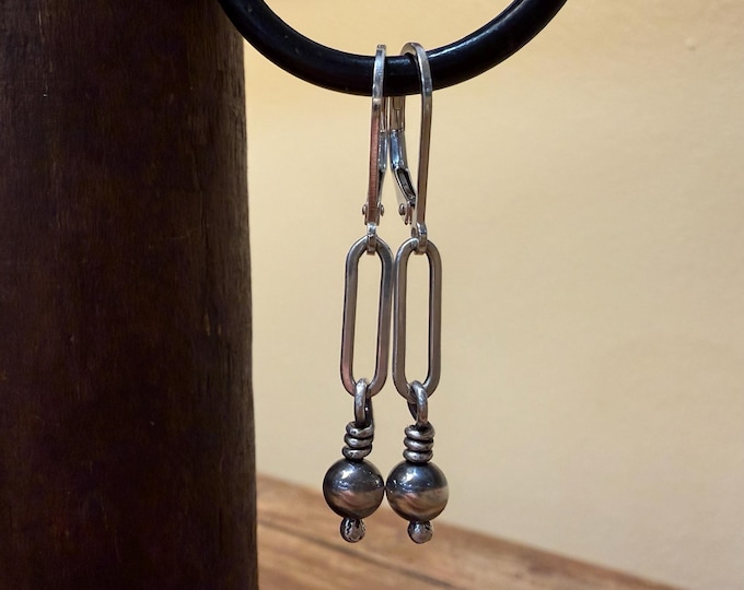 Sterling paper clip chain Navajo pearl lever back earrings, Southwestestern jewelry